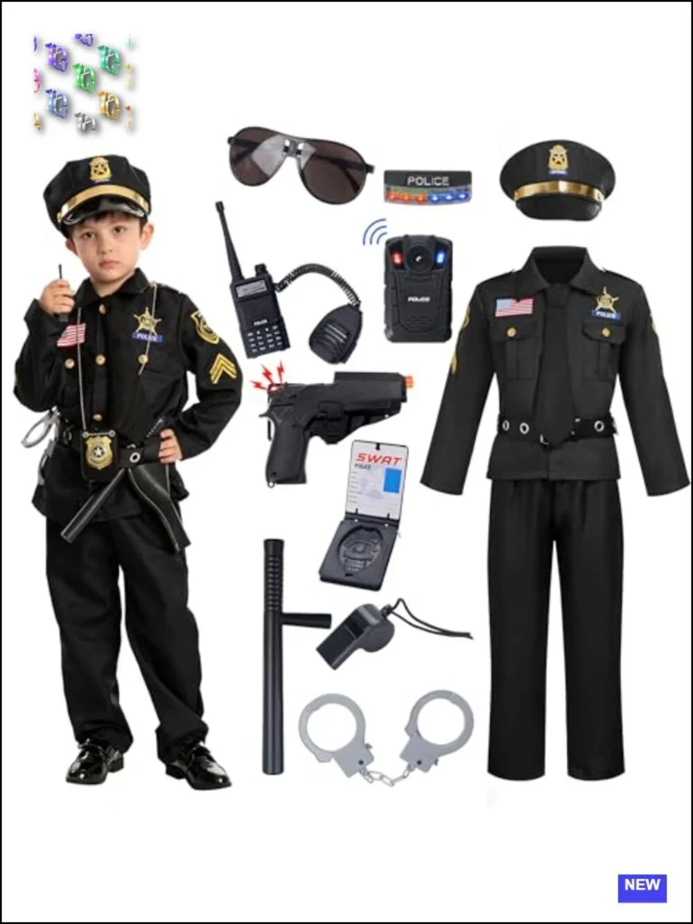 14PCS Kids Police Officer Halloween Costume Set Shirt Pants Hat Belt Role Play